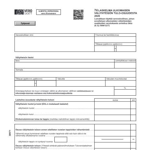 Document preview: 74 Laskelma ulkomaisen väliyhteisön tulo-osuudesta (3097) — 74 Laskelma ulkomaisen väliyhteisön tulo-osuudesta (3097), Suomi (CERFA n°Vero 3097)