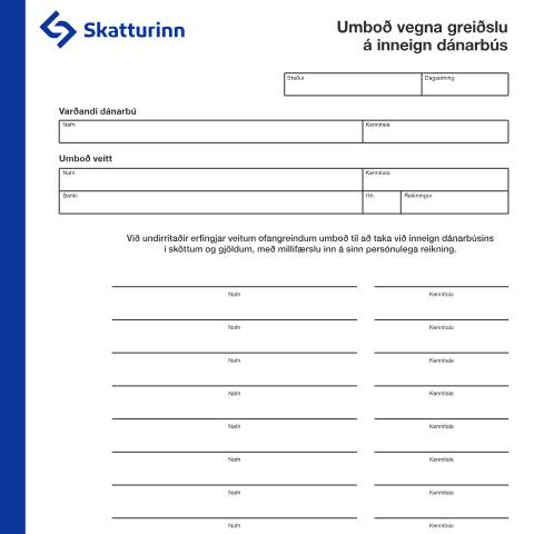 Document preview: Umboð vegna greiðslu á inneign dánarbús — Innheimta, Ísland