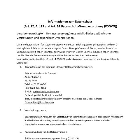 Dokumentvorschau: Umsatzsteuerverguetung_Mitgl_auslae_Vertr_besondererOrga — BZSt/Informationen_zum_Datenschutz, Deutschland (CERFA n°Umsatzsteuerverguetung_Mitgl_auslae_Vertr_besondererOrga)