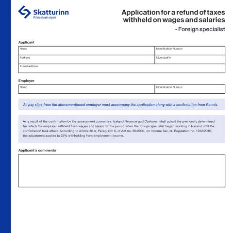 Document preview: Umsókn um endurgreiðslu á staðgreiðslu af launum - Erlendur sérfræðingur — Einstaklingar, Ísland (CERFA n°RSK 5.17)