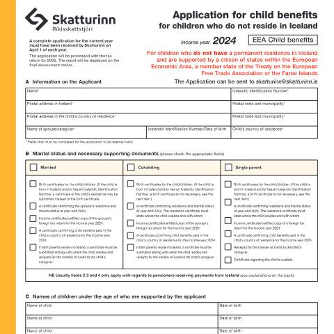 Document preview: Application for child benefit in Iceland 2025 — Forms, Ísland (CERFA n°RSK 3.20)