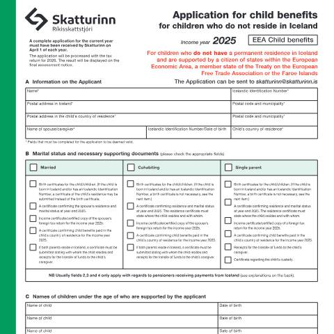 Document preview: Application for child benefits in Iceland 2026 — Forms, Ísland (CERFA n°RSK 3.20)