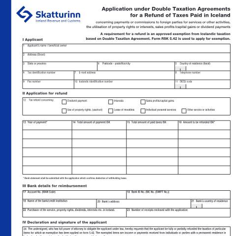 Document preview: Application under Double Taxation Conventions for a Refund of Taxes Paid — Forms, Ísland (CERFA n°RSK 5.43)