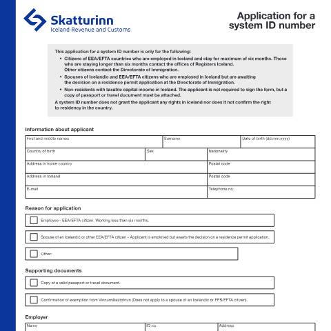 Document preview: Application of a system ID number — Forms, Ísland (CERFA n°RSK 3.30)