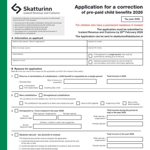 Document preview: Application for a correction of pre-paid child benefits 2026 — Forms, Ísland (CERFA n°RSK 3.18)