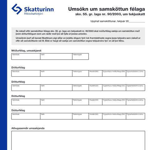 Document preview: Umsókn um samsköttun félaga skv. 55. gr. laga nr. 90/2003, um tekjuskatt — Einstaklingar, Ísland (CERFA n°RSK 4.50)