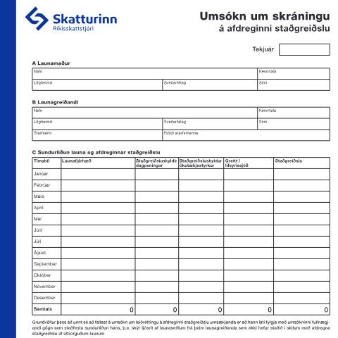 Document preview: Umsókn um skráningu á afdreginni staðgreiðslu. — Einstaklingar, Ísland (CERFA n°RSK 5.15)