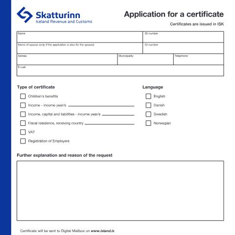 Document preview: Application for a certificate — Forms, Ísland (CERFA n°RSK 14.10)