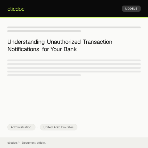 Document preview: Notification of Unauthorized Transaction on Bank Account at Abu Dhabi Commercial Bank — Administration, United Arab Emirates