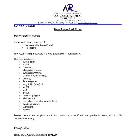 Document preview: Classification of Uncooked Pizza — Document, Mauritius (CERFA n°UncookedPizza)
