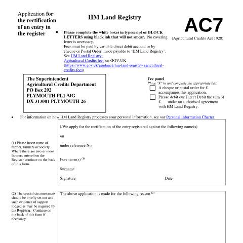Document preview: Rectify register entry: application (AC7) — HM Land Registry, United Kingdom