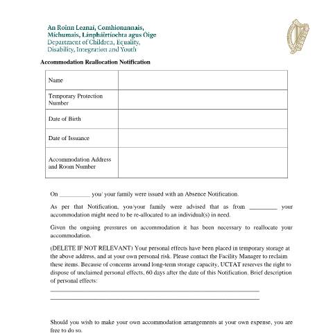 Document preview: Absence Protocol - Beneficiaries of Temporary Protection from Ukraine — accommodation reallocation notification  october 2023 — Department of Justice, Home Affairs and Migration, Ireland