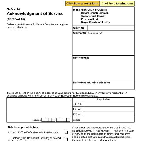 Document preview: Acknowledgement of Service - Commercial Court Financial List: Form N9(CCFL) — HM Courts & Tribunals Service, United Kingdom