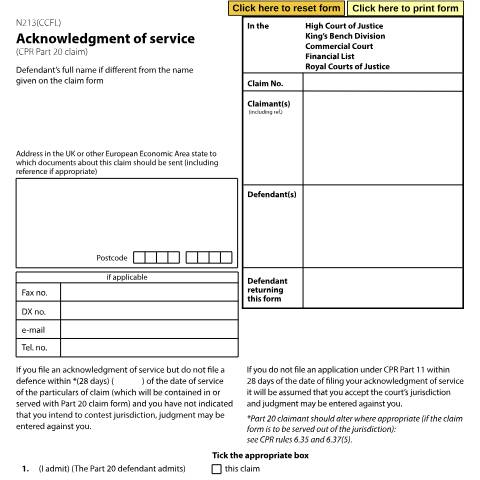 Document preview: Acknowledgement of Service – Commercial Court Financial List: Form N213(CCFL) — HM Courts & Tribunals Service, United Kingdom