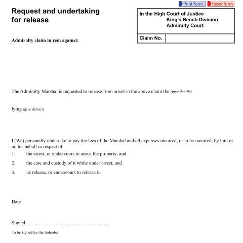 Document preview: Request and undertaking for release: Form ADM12 — HM Courts & Tribunals Service, United Kingdom