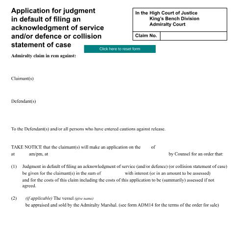 Document preview: Application for judgment in default of filing an acknowledgment of service and/or defence or collision statement of case: Form ADM13 — HM Courts & Tribunals Service, United Kingdom
