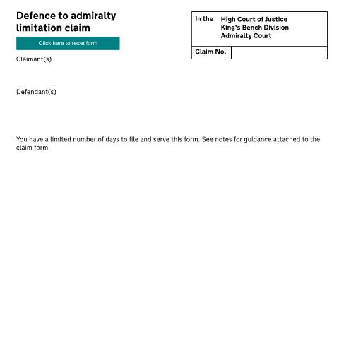 Document preview: Defence to admiralty limitation claim: Form ADM16A — HM Courts & Tribunals Service, United Kingdom
