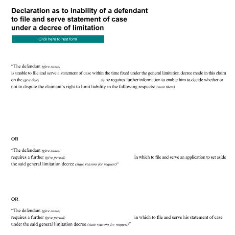 Document preview: Form ADM21: Declaration as to inability of a defendant to file and serve statement of case under a decree of limitation — HM Courts & Tribunals Service, United Kingdom
