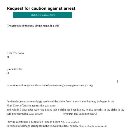 Document preview: Form ADM7: Request for caution against arrest — HM Courts & Tribunals Service, United Kingdom
