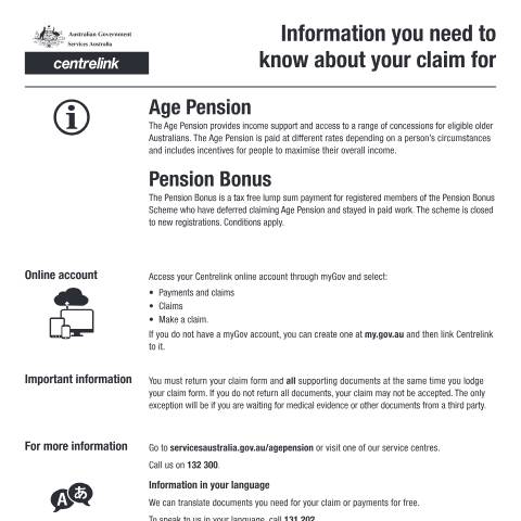Document preview: Information you need to know about your claim for Age Pension and Pension Bonus — Services Australia — Individuals (by code), Australia (CERFA n°CI006)