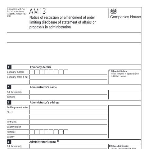 Document preview: Give notice of rescission or amendment of order limiting disclosure (AM13) — Companies House, United Kingdom
