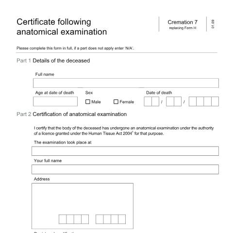 Document preview: Certify an anatomical examination — Ministry of Justice, United Kingdom