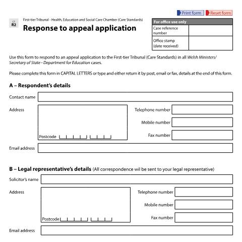 Document preview: Response to appeal application for all Welsh Ministers and Secretary of State for Education cases: Form CS R2 — HM Courts & Tribunals Service, United Kingdom