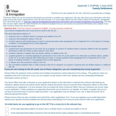 Document preview: Appendix 1 for form VAF4A: family settlement as a child or adult dependent relative — UK Visas and Immigration, United Kingdom