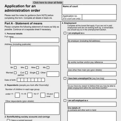 Document preview: Apply for an administration order: Form N92 — HM Courts & Tribunals Service, United Kingdom