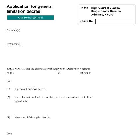 Document preview: Application for general limitation decree: Form ADM17A — HM Courts & Tribunals Service, United Kingdom