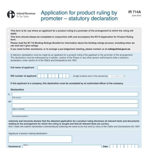 Document preview: Application for product ruling by promoter – statutory declaration — Managing my tax, New Zealand (CERFA n°IR714A)