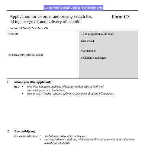 Document preview: Application for an order authorising search for taking charge of and delivery of a child: Form C3 — HM Courts & Tribunals Service, United Kingdom
