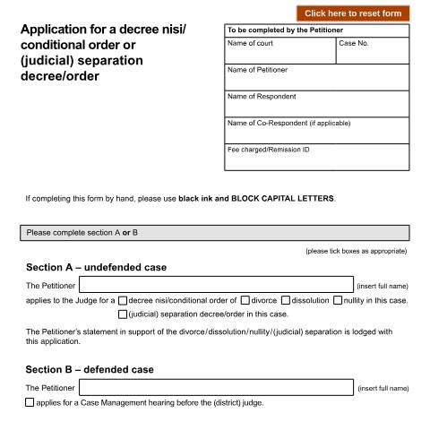 Document preview: Apply to court for a decree nisi, conditional order or (judicial) separation decree or order (applications issued before April 2022): Form D84 — HM Courts & Tribunals Service, United Kingdom