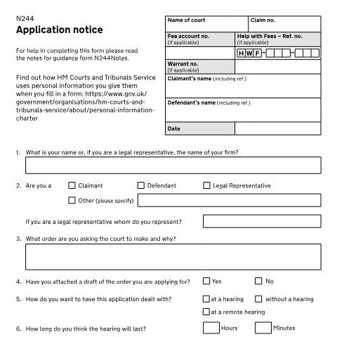 Document preview: Make an application to a court (application notice): Form N244 — HM Courts & Tribunals Service, United Kingdom