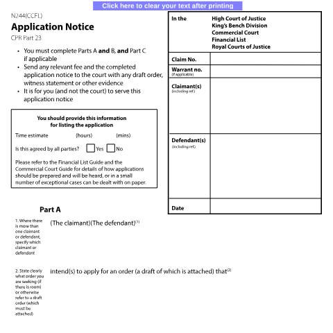 Document preview: Application notice (Commercial Court Financial List): Form N244(CCFL) — HM Courts & Tribunals Service, United Kingdom