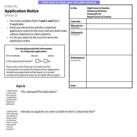 Document preview: Application notice (Chancery Division Financial List): Form N244(CHFL) — HM Courts & Tribunals Service, United Kingdom