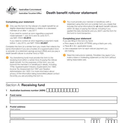 Document preview: Death benefit rollover statement (from 1 July 2017) — ATO — Superannuation, Australia (CERFA n°NAT 74924)
