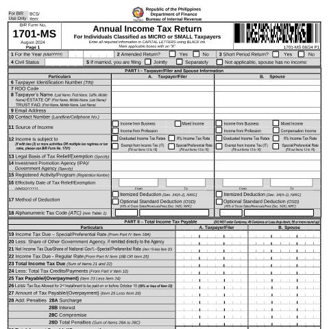 Document preview: BIR Form No. 1701-MS Annual Income Tax Return for Individuals Classified as Micro and Small Taxpayers — Income Tax Return, Philippines (CERFA n°1701-MS)