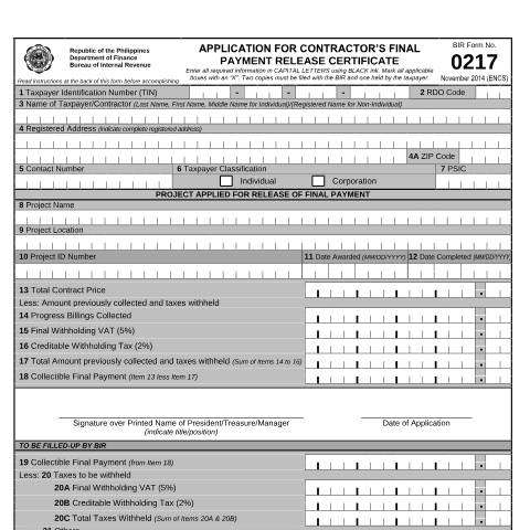 Document preview: BIR Form No. 0217 - Application for Contractor's Final Payment Release Certificate — Application Forms, Philippines (CERFA n°0217)