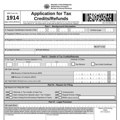 Document preview: BIR Form No. 1914 - Application for Tax Credits/Refunds — Application Forms, Philippines (CERFA n°1914)