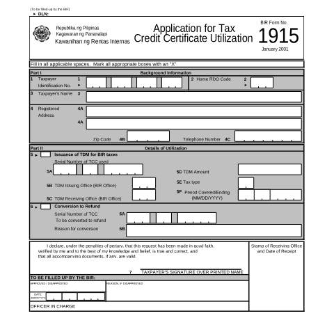 Document preview: BIR Form No. 1915 - Application for Tax Credit Certificate Utilization — Application Forms, Philippines (CERFA n°1915)