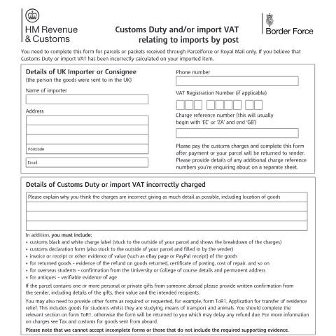 Document preview: Report incorrect Customs Duty or VAT on items imported by post (BOR286) — HM Revenue & Customs, Border Force, United Kingdom