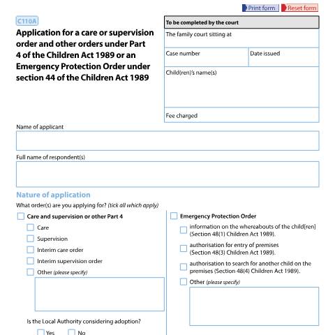 Document preview: Form C110A Application for a care or supervision order or an Emergency Protection Order — HM Courts & Tribunals Service, United Kingdom