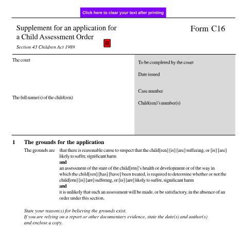 Document preview: Form C16: Supplement for an application for a Child Assessment Order — HM Courts & Tribunals Service, United Kingdom