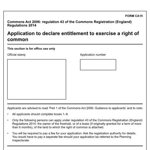 Document preview: Common land and greens: declaring your entitlement to a right of common (CA15) — Department for Environment, Food & Rural Affairs, United Kingdom