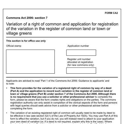 Document preview: Commons land and greens: changing a right of common (CA2) — Department for Environment, Food & Rural Affairs, United Kingdom