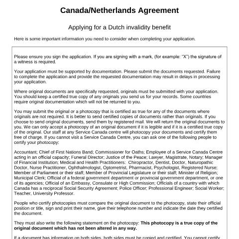 Document preview: Netherlands/Canada Agreement - Application for a Dutch invalidity benefit — Income Security Programs, Canada (CERFA n°CAN-NL-204)