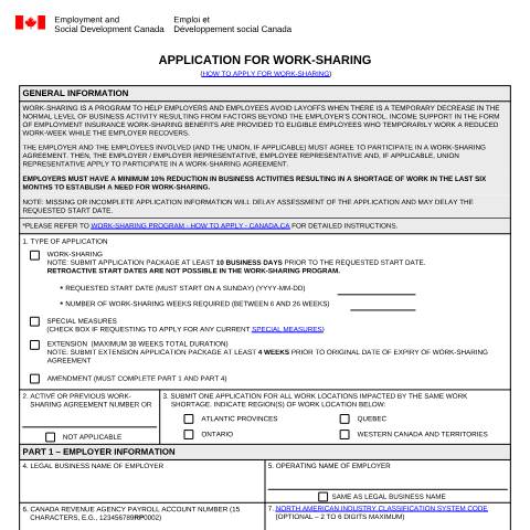 Document preview: Application for a Work-Sharing Agreement — Employment and Social Development Canada, Canada (CERFA n°EMP5100)