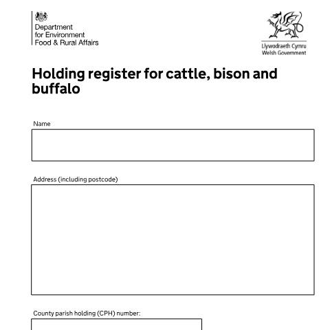 Document preview: Template holding register for cattle keepers — British Cattle Movement Service, Rural Payments Agency, United Kingdom