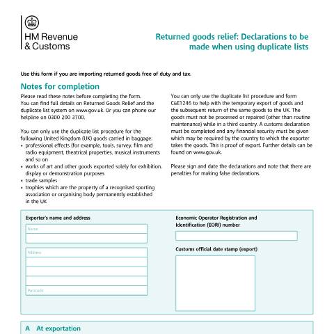 Document preview: Declare Returned Goods Relief when using duplicate lists (C&E1246) — HM Revenue & Customs, United Kingdom